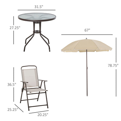 Outsunny 6-Piece Patio Dining Set with Umbrella, Folding Chairs & Glass Table, Beige - Outdoor Meal Setup