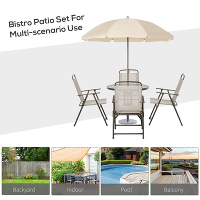 Outsunny 6-Piece Patio Dining Set with Umbrella, Folding Chairs & Glass Table, Beige - Outdoor Meal Setup