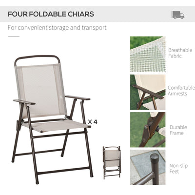 Outsunny 6-Piece Patio Dining Set with Umbrella, Folding Chairs & Glass Table, Beige - Outdoor Meal Setup