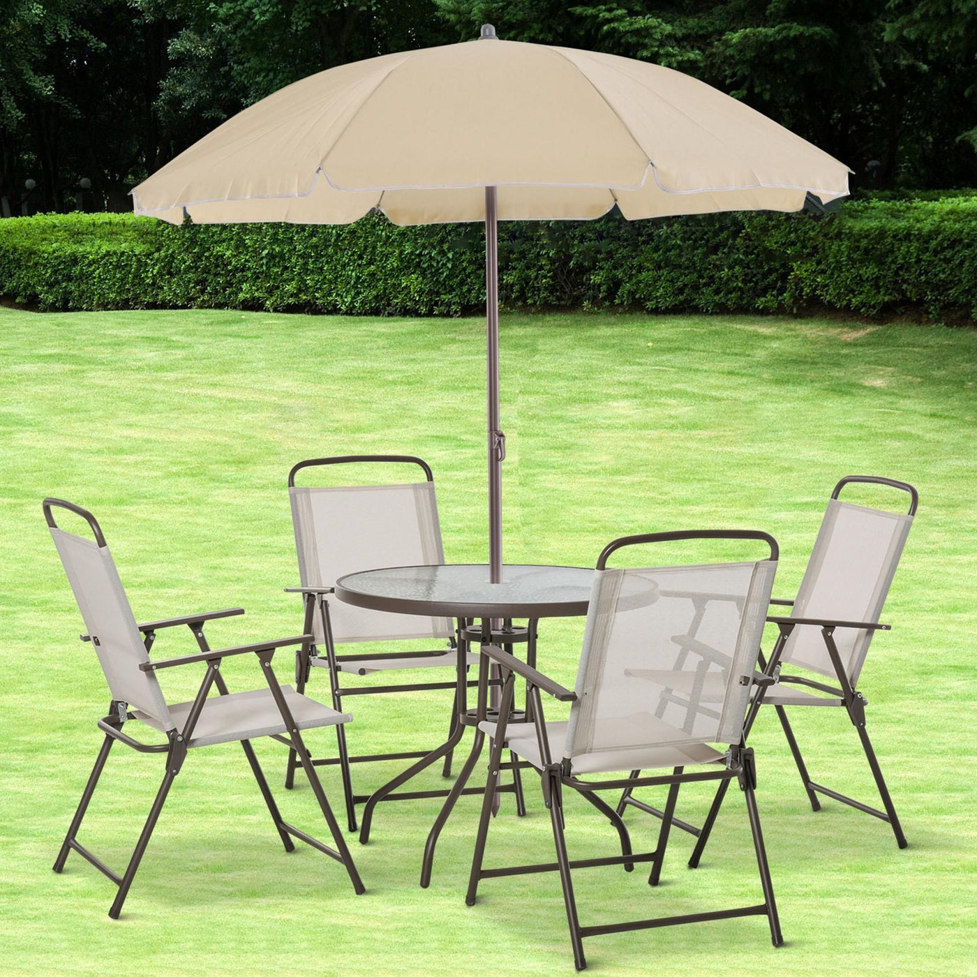 Outsunny 6-Piece Patio Dining Set with Umbrella, Folding Chairs & Glass Table, Beige - Outdoor Meal Setup
