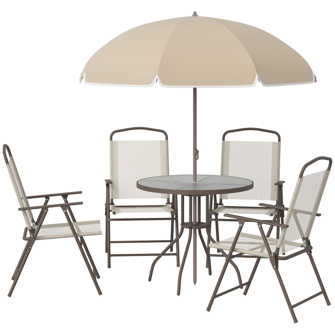 Outsunny 6-Piece Patio Dining Set with Umbrella, Folding Chairs & Glass Table, Beige - Outdoor Meal Setup
