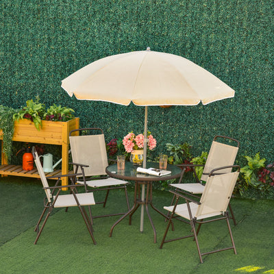 Outsunny 6-Piece Patio Dining Set with Umbrella, Folding Chairs & Glass Table, Beige - Outdoor Meal Setup