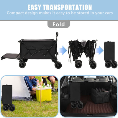 Foldable Wagon with Extended Tailgate, Extra Long Extender Wagon Cart,Beach Wagon Cart Heavy Duty 480LBS with Large All-Terrain Beach Wheels, Black- Gray