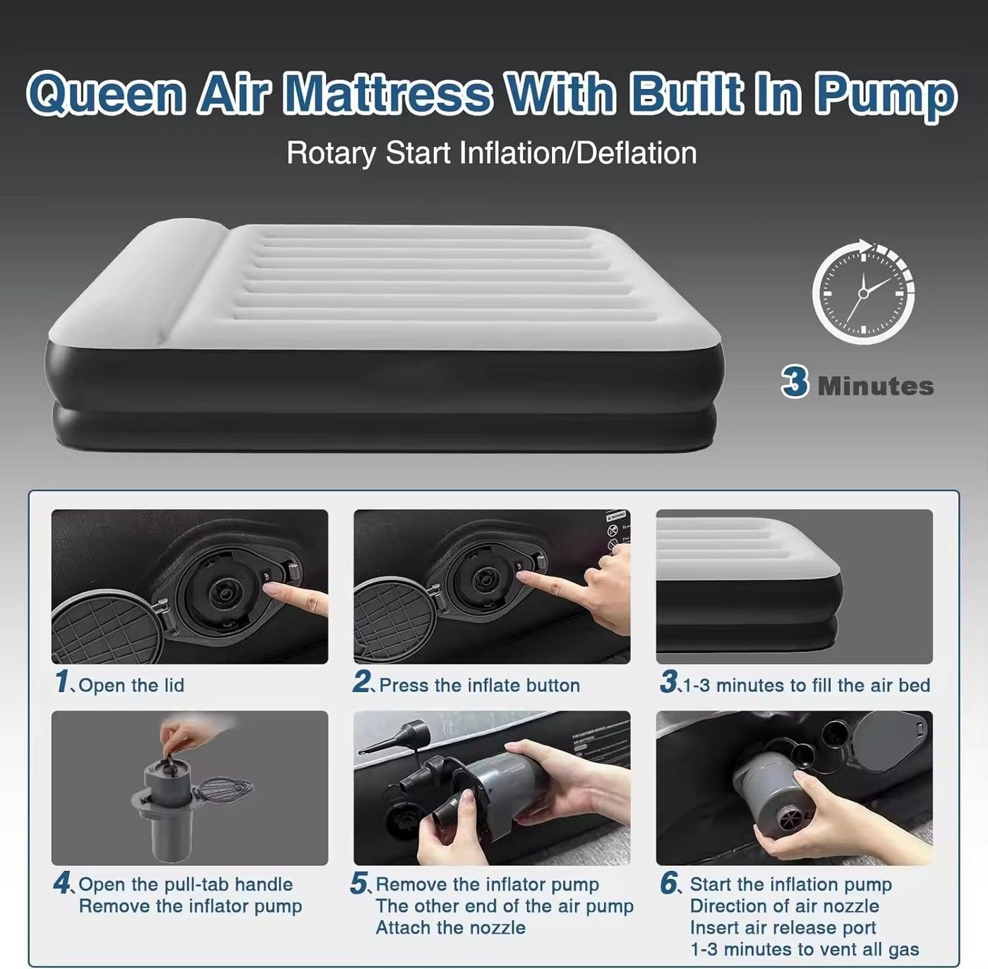 Air Mattress, 16" Raised Full Size Self Inflatable Blow Up Mattress with Built in Pump, Thick Comfort Air Bed for Camping, Guests & Home,