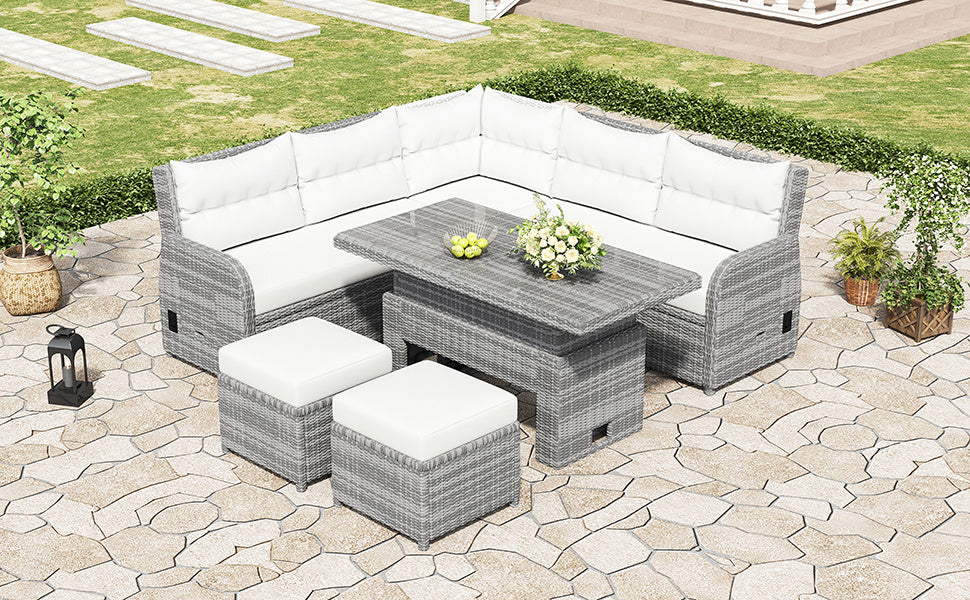 Outdoor Furniture Set Patio Rattan Furniture Set with an Adjustable Table, Recliners with Extendable Side Tables, and Two Ottomans For Patio, Lawn, Backyard, Pool, Beige