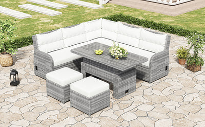 Outdoor Furniture Set Patio Rattan Furniture Set with an Adjustable Table, Recliners with Extendable Side Tables, and Two Ottomans For Patio, Lawn, Backyard, Pool, Beige