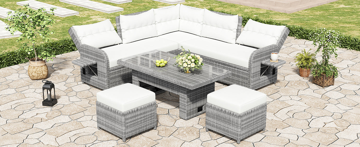 Outdoor Furniture Set Patio Rattan Furniture Set with an Adjustable Table, Recliners with Extendable Side Tables, and Two Ottomans For Patio, Lawn, Backyard, Pool, Beige