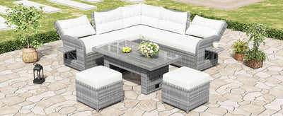 Outdoor Furniture Set Patio Rattan Furniture Set with an Adjustable Table, Recliners with Extendable Side Tables, and Two Ottomans For Patio, Lawn, Backyard, Pool, Beige