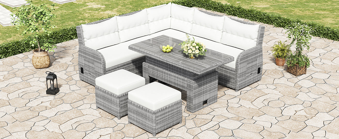 Outdoor Furniture Set Patio Rattan Furniture Set with an Adjustable Table, Recliners with Extendable Side Tables, and Two Ottomans For Patio, Lawn, Backyard, Pool, Beige