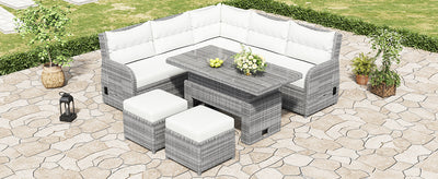 Outdoor Furniture Set Patio Rattan Furniture Set with an Adjustable Table, Recliners with Extendable Side Tables, and Two Ottomans For Patio, Lawn, Backyard, Pool, Beige