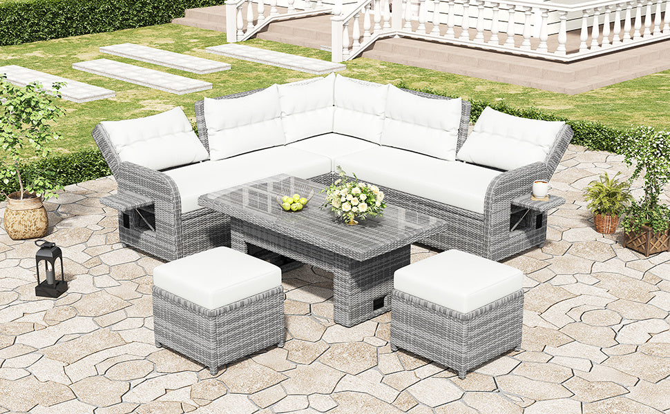Outdoor Furniture Set Patio Rattan Furniture Set with an Adjustable Table, Recliners with Extendable Side Tables, and Two Ottomans For Patio, Lawn, Backyard, Pool, Beige