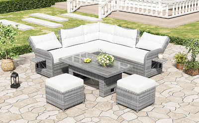 Outdoor Furniture Set Patio Rattan Furniture Set with an Adjustable Table, Recliners with Extendable Side Tables, and Two Ottomans For Patio, Lawn, Backyard, Pool, Beige