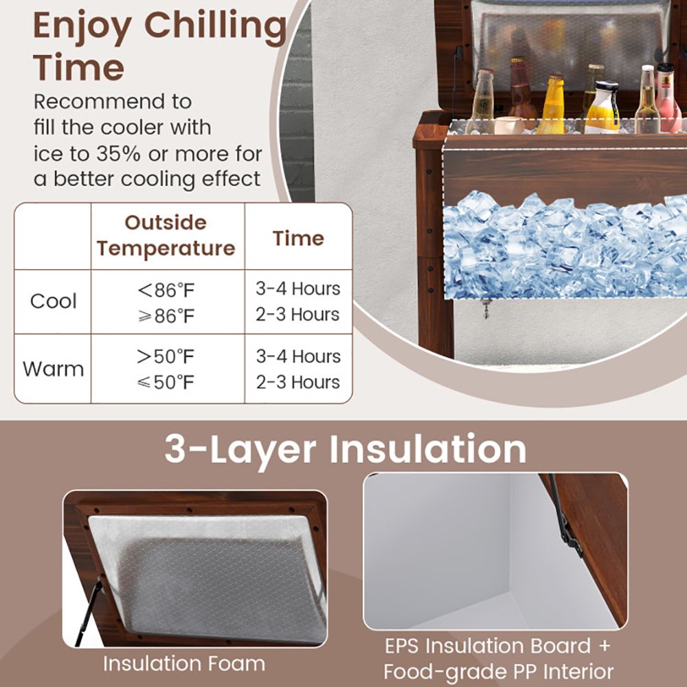 1PC Wooden Patio Cooler with 3 Handles and Bottle Opener