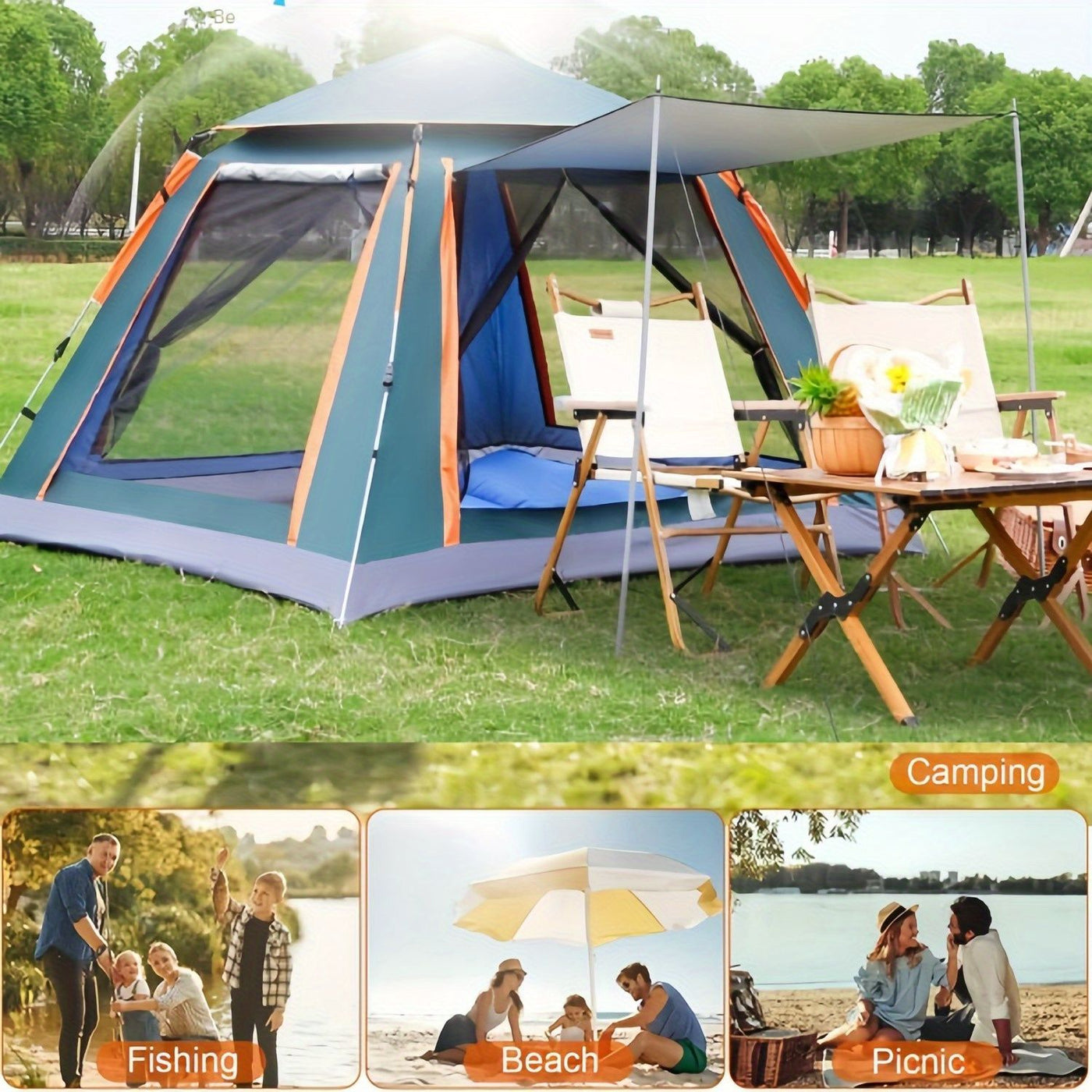 Muti-Person Outdoor Automatic Quick Opening Camping Tent with Mesh Windows. Made of Oxford Fabric, Comes with Portable Bag & Moisture - Proof Mat. Ideal for Family Camping, Fishing, Hunting