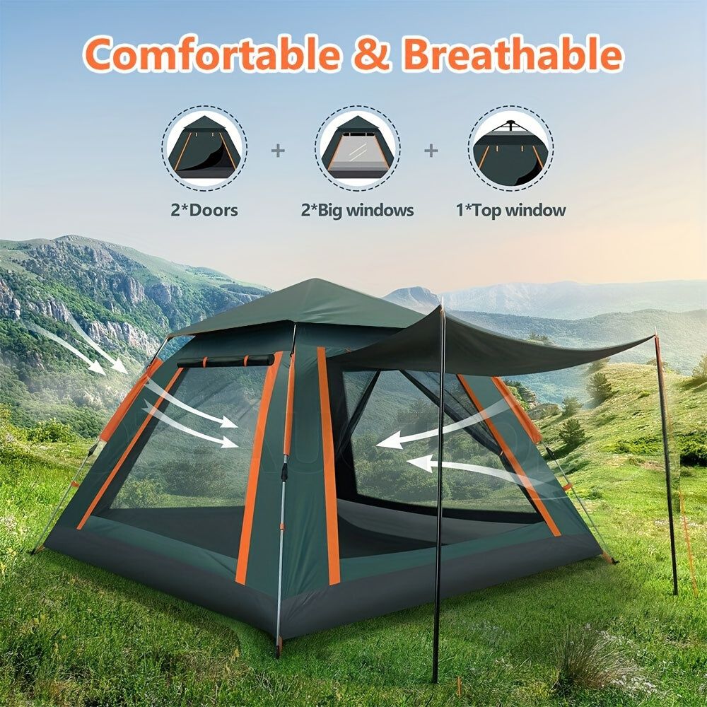 Muti-Person Outdoor Automatic Quick Opening Camping Tent with Mesh Windows. Made of Oxford Fabric, Comes with Portable Bag & Moisture - Proof Mat. Ideal for Family Camping, Fishing, Hunting