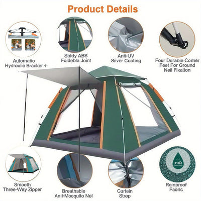 Muti-Person Outdoor Automatic Quick Opening Camping Tent with Mesh Windows. Made of Oxford Fabric, Comes with Portable Bag & Moisture - Proof Mat. Ideal for Family Camping, Fishing, Hunting