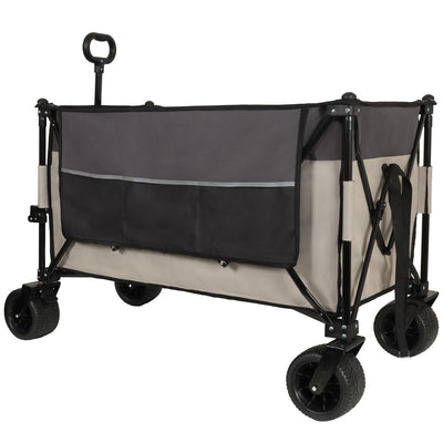 Extra large 300L Tall Heavy-Duty Folding Wagon Cart with 480lbs Capacity – All-Terrain Wheels, Side Pockets, Brakes & Drink Holders for Camping, Beach, Sports, Gardening, khaki- Gray