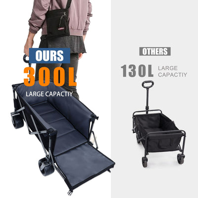 Collapsible Folding Wagon 300L,49" Extra Long Collapsible Wagon with Tailgate, All-Terrain 7"x 4" Big Wheels,Beach Wagon Cart Heavy Duty 400LBS Foldable Foldable Beach Wagon for Garden Sports Camping
