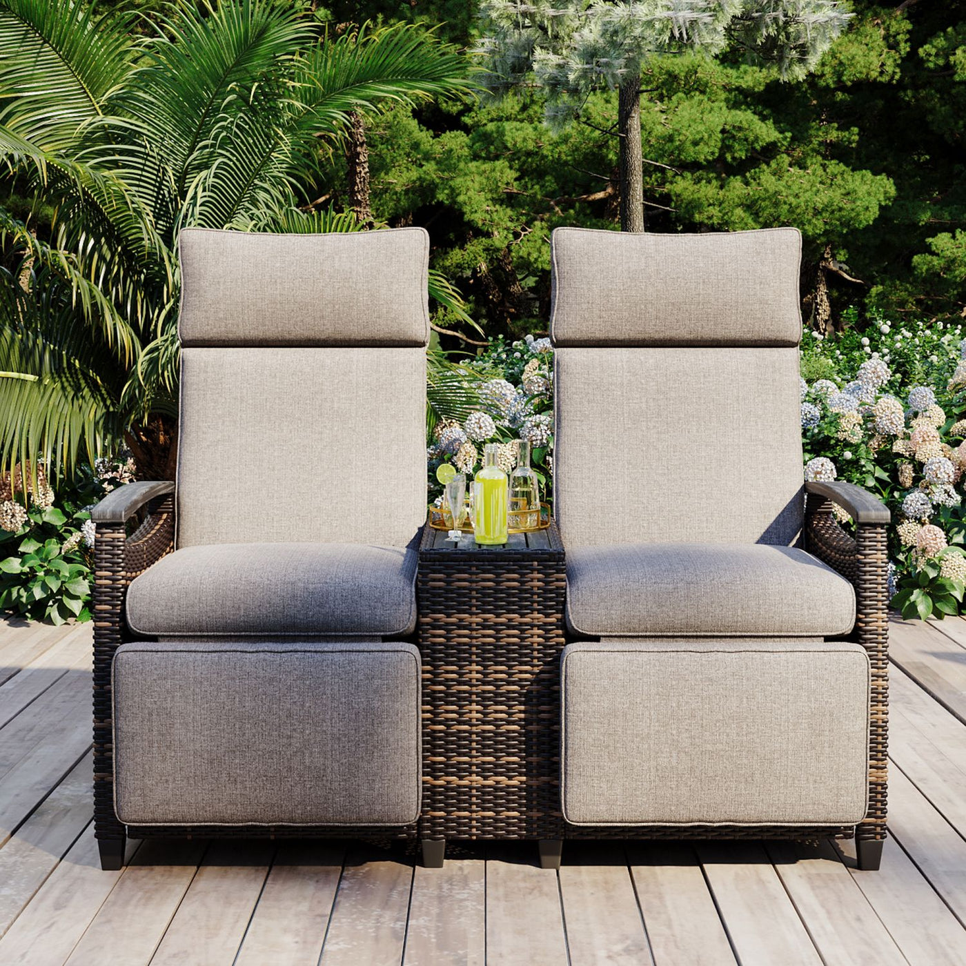 GO Patio Recliner Loveseat Chair, Adjustable Backrest Wicker Outdoor Lounge Chair Set with Acacia Wood Armrests and Built-in Storage Table for Balcony, Porch, Lawn, Brown