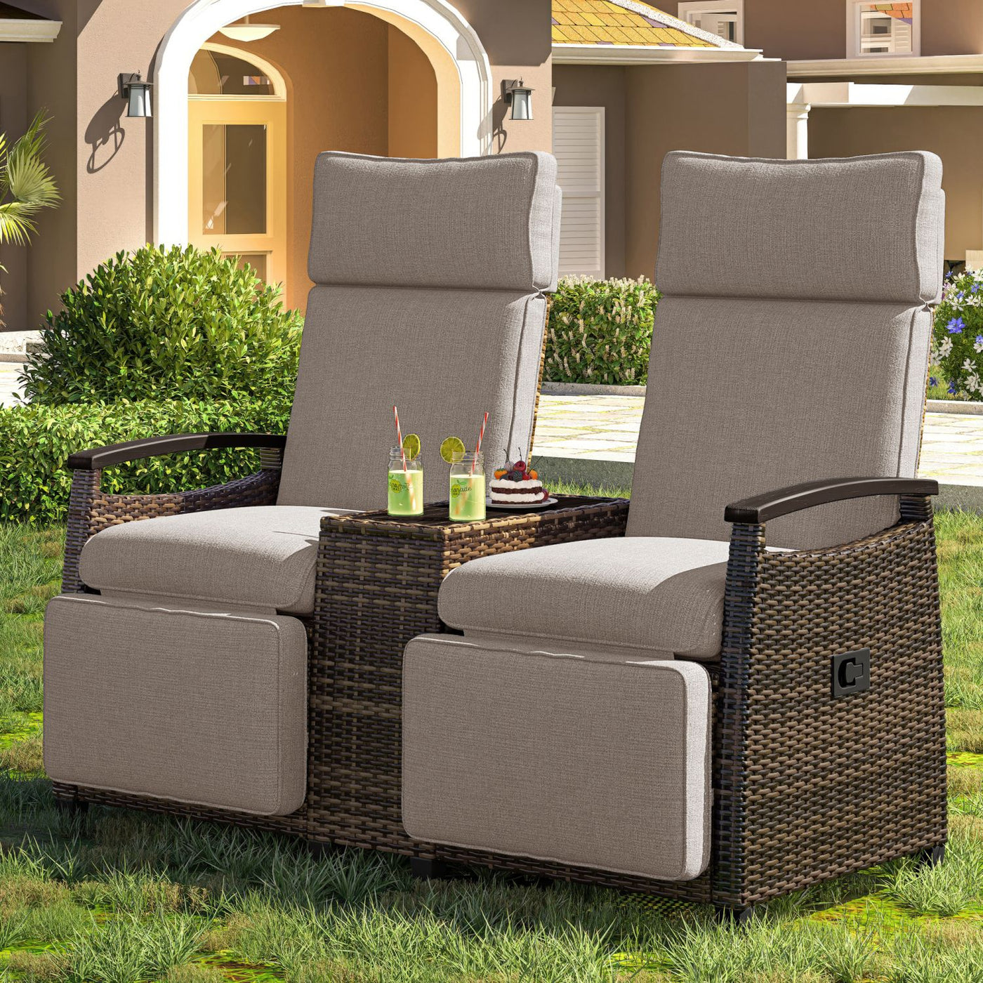 GO Patio Recliner Loveseat Chair, Adjustable Backrest Wicker Outdoor Lounge Chair Set with Acacia Wood Armrests and Built-in Storage Table for Balcony, Porch, Lawn, Brown