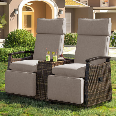 GO Patio Recliner Loveseat Chair, Adjustable Backrest Wicker Outdoor Lounge Chair Set with Acacia Wood Armrests and Built-in Storage Table for Balcony, Porch, Lawn, Brown