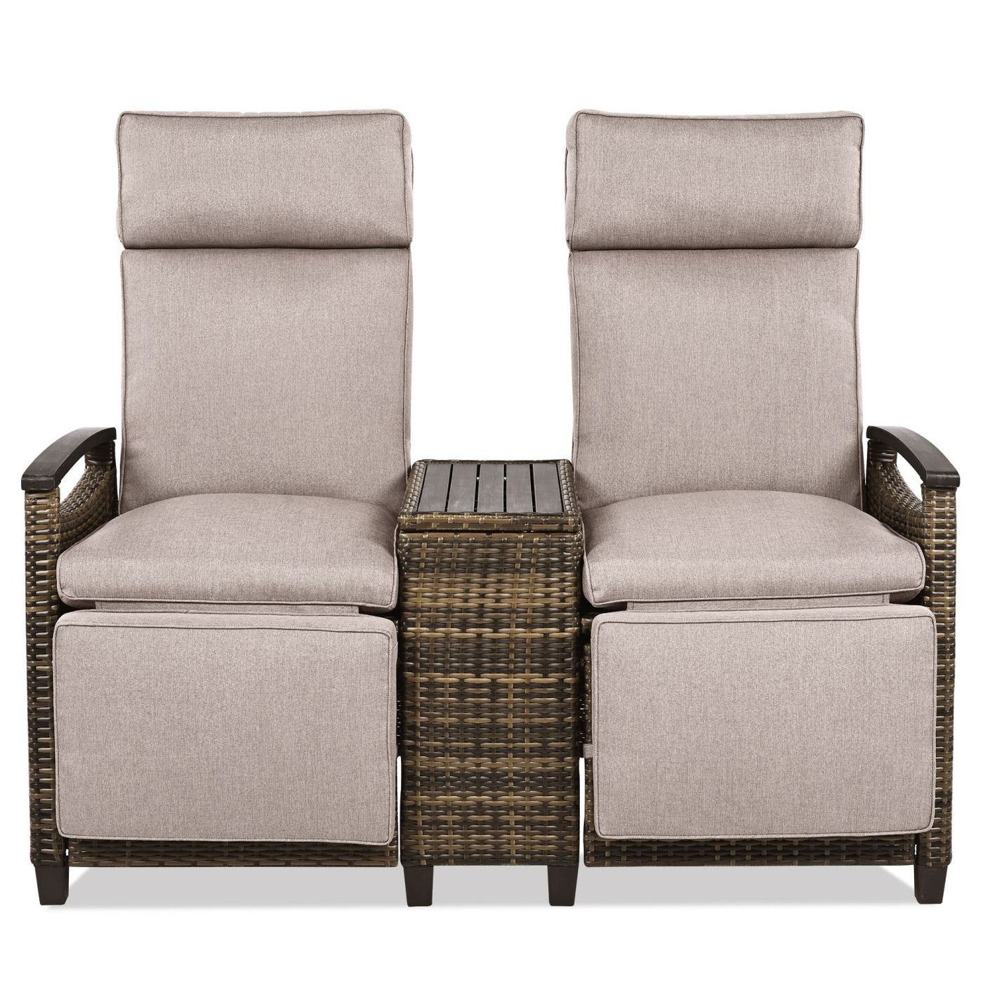 GO Patio Recliner Loveseat Chair, Adjustable Backrest Wicker Outdoor Lounge Chair Set with Acacia Wood Armrests and Built-in Storage Table for Balcony, Porch, Lawn, Brown
