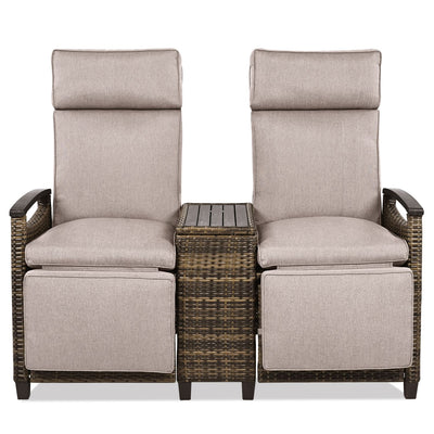 GO Patio Recliner Loveseat Chair, Adjustable Backrest Wicker Outdoor Lounge Chair Set with Acacia Wood Armrests and Built-in Storage Table for Balcony, Porch, Lawn, Brown