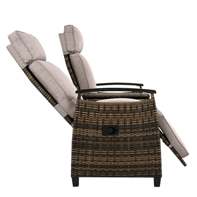 GO Patio Recliner Loveseat Chair, Adjustable Backrest Wicker Outdoor Lounge Chair Set with Acacia Wood Armrests and Built-in Storage Table for Balcony, Porch, Lawn, Brown