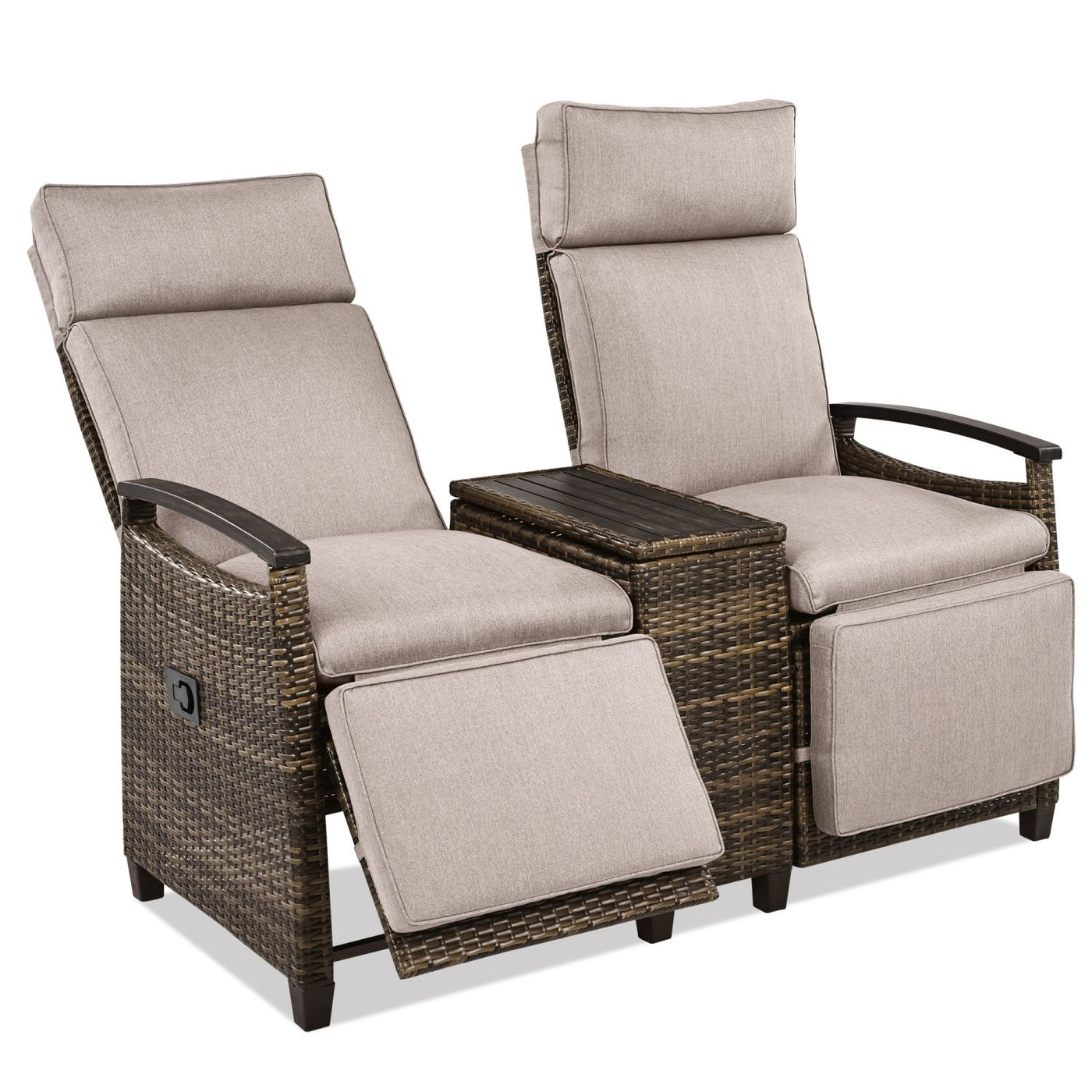 GO Patio Recliner Loveseat Chair, Adjustable Backrest Wicker Outdoor Lounge Chair Set with Acacia Wood Armrests and Built-in Storage Table for Balcony, Porch, Lawn, Brown