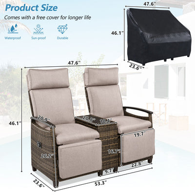 GO Patio Recliner Loveseat Chair, Adjustable Backrest Wicker Outdoor Lounge Chair Set with Acacia Wood Armrests and Built-in Storage Table for Balcony, Porch, Lawn, Brown