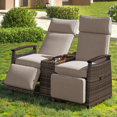GO Patio Recliner Loveseat Chair, Adjustable Backrest Wicker Outdoor Lounge Chair Set with Acacia Wood Armrests and Built-in Storage Table for Balcony, Porch, Lawn, Brown