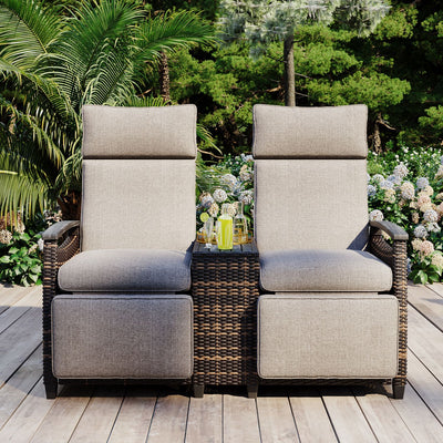 GO Patio Recliner Loveseat Chair, Adjustable Backrest Wicker Outdoor Lounge Chair Set with Acacia Wood Armrests and Built-in Storage Table for Balcony, Porch, Lawn, Brown