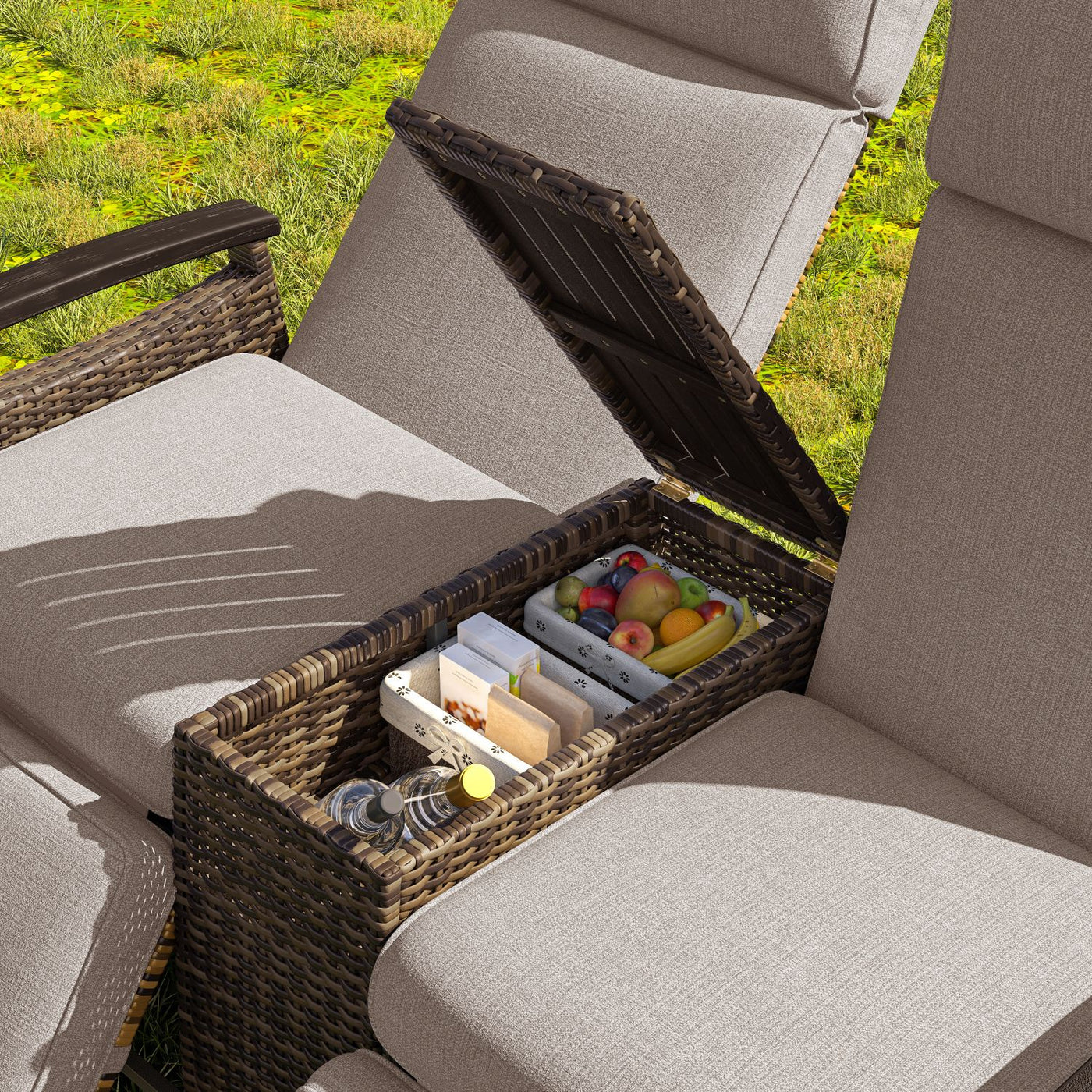 GO Patio Recliner Loveseat Chair, Adjustable Backrest Wicker Outdoor Lounge Chair Set with Acacia Wood Armrests and Built-in Storage Table for Balcony, Porch, Lawn, Brown
