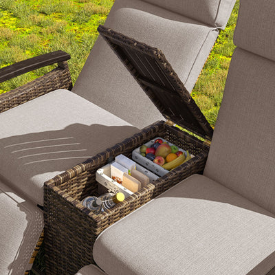 GO Patio Recliner Loveseat Chair, Adjustable Backrest Wicker Outdoor Lounge Chair Set with Acacia Wood Armrests and Built-in Storage Table for Balcony, Porch, Lawn, Brown