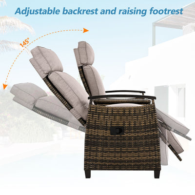 GO Patio Recliner Loveseat Chair, Adjustable Backrest Wicker Outdoor Lounge Chair Set with Acacia Wood Armrests and Built-in Storage Table for Balcony, Porch, Lawn, Brown