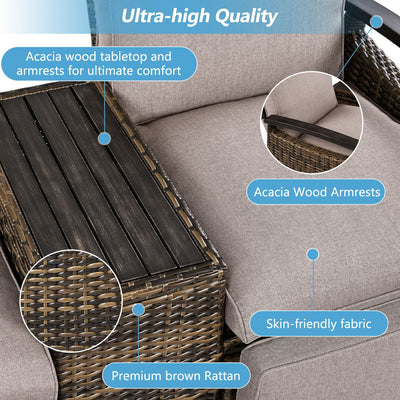 GO Patio Recliner Loveseat Chair, Adjustable Backrest Wicker Outdoor Lounge Chair Set with Acacia Wood Armrests and Built-in Storage Table for Balcony, Porch, Lawn, Brown