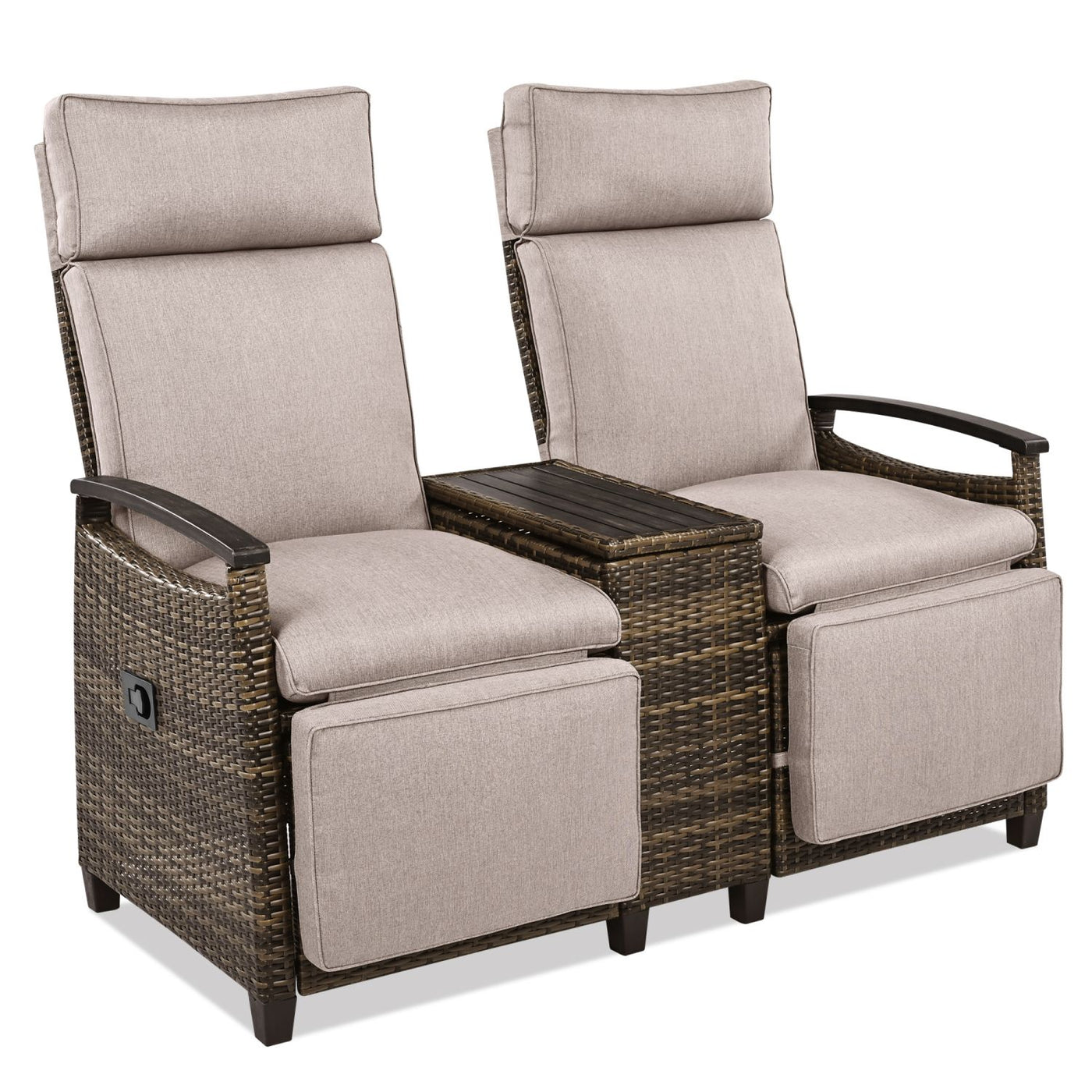 GO Patio Recliner Loveseat Chair, Adjustable Backrest Wicker Outdoor Lounge Chair Set with Acacia Wood Armrests and Built-in Storage Table for Balcony, Porch, Lawn, Brown
