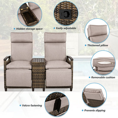 GO Patio Recliner Loveseat Chair, Adjustable Backrest Wicker Outdoor Lounge Chair Set with Acacia Wood Armrests and Built-in Storage Table for Balcony, Porch, Lawn, Brown