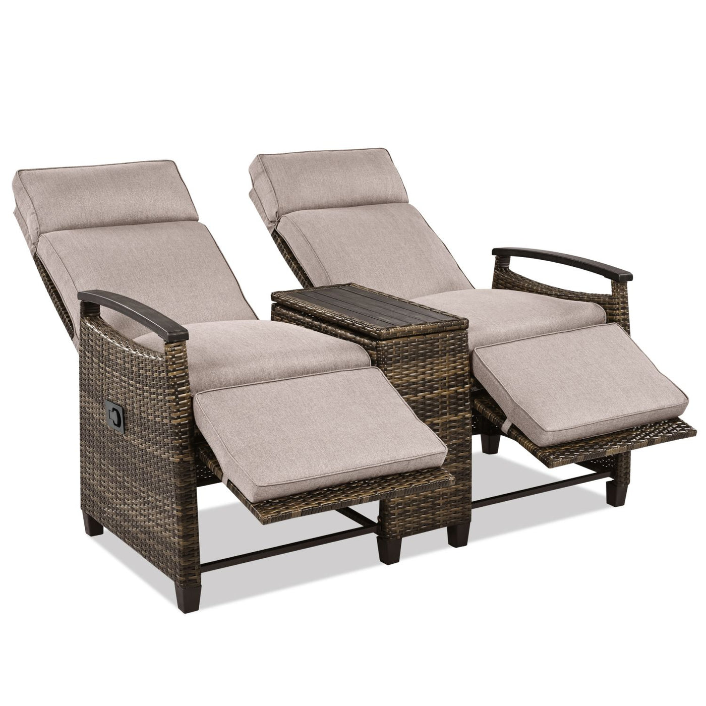 GO Patio Recliner Loveseat Chair, Adjustable Backrest Wicker Outdoor Lounge Chair Set with Acacia Wood Armrests and Built-in Storage Table for Balcony, Porch, Lawn, Brown