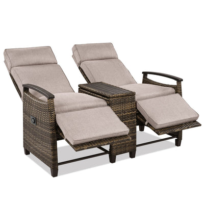 GO Patio Recliner Loveseat Chair, Adjustable Backrest Wicker Outdoor Lounge Chair Set with Acacia Wood Armrests and Built-in Storage Table for Balcony, Porch, Lawn, Brown