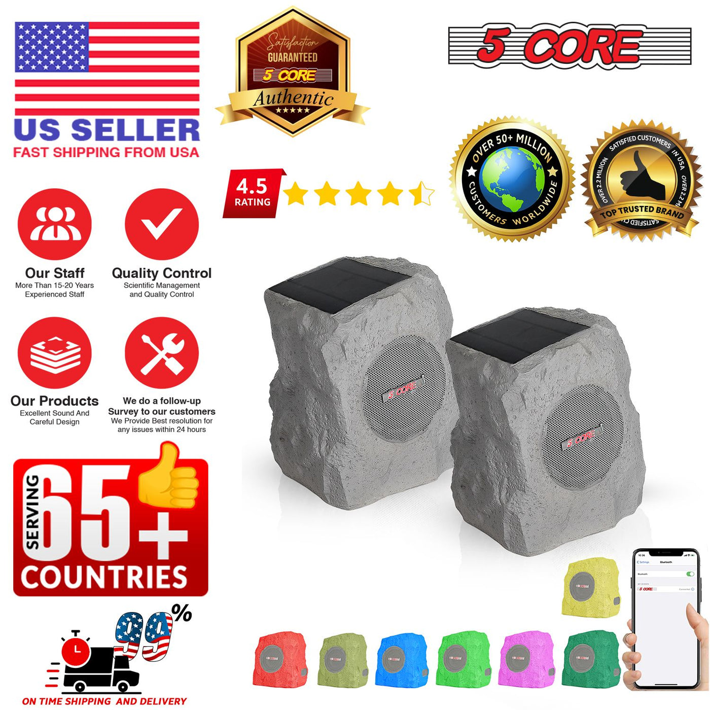 5 Core Rock Speaker Outdoor Waterproof Bluetooth Garden Speakers Solar & USB Charging RGB Colors for Patio Pool & Home