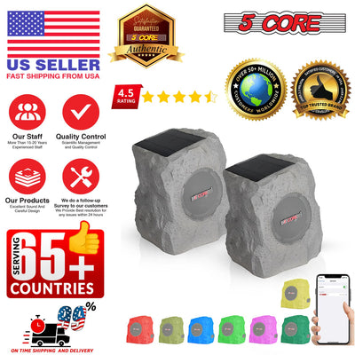 5 Core Rock Speaker Outdoor Waterproof Bluetooth Garden Speakers Solar & USB Charging RGB Colors for Patio Pool & Home