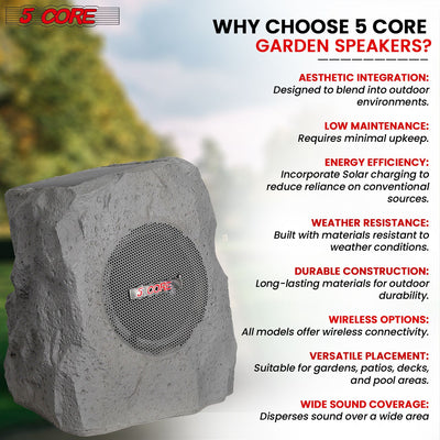 5 Core Rock Speaker Outdoor Waterproof Bluetooth Garden Speakers Solar & USB Charging RGB Colors for Patio Pool & Home