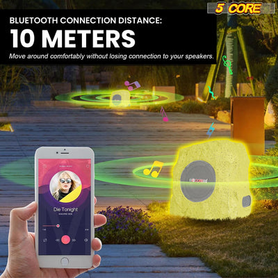 5 Core Rock Speaker Outdoor Waterproof Bluetooth Garden Speakers Solar & USB Charging RGB Colors for Patio Pool & Home