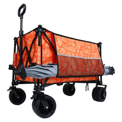 Heavy-Duty 480lbs Folding Wagon Cart with Bonus Picnic Mat - All-Terrain Beach Wheels, Drink Holders, Brakes & Side Pocket for Camping, Garden, Sports, orange print
