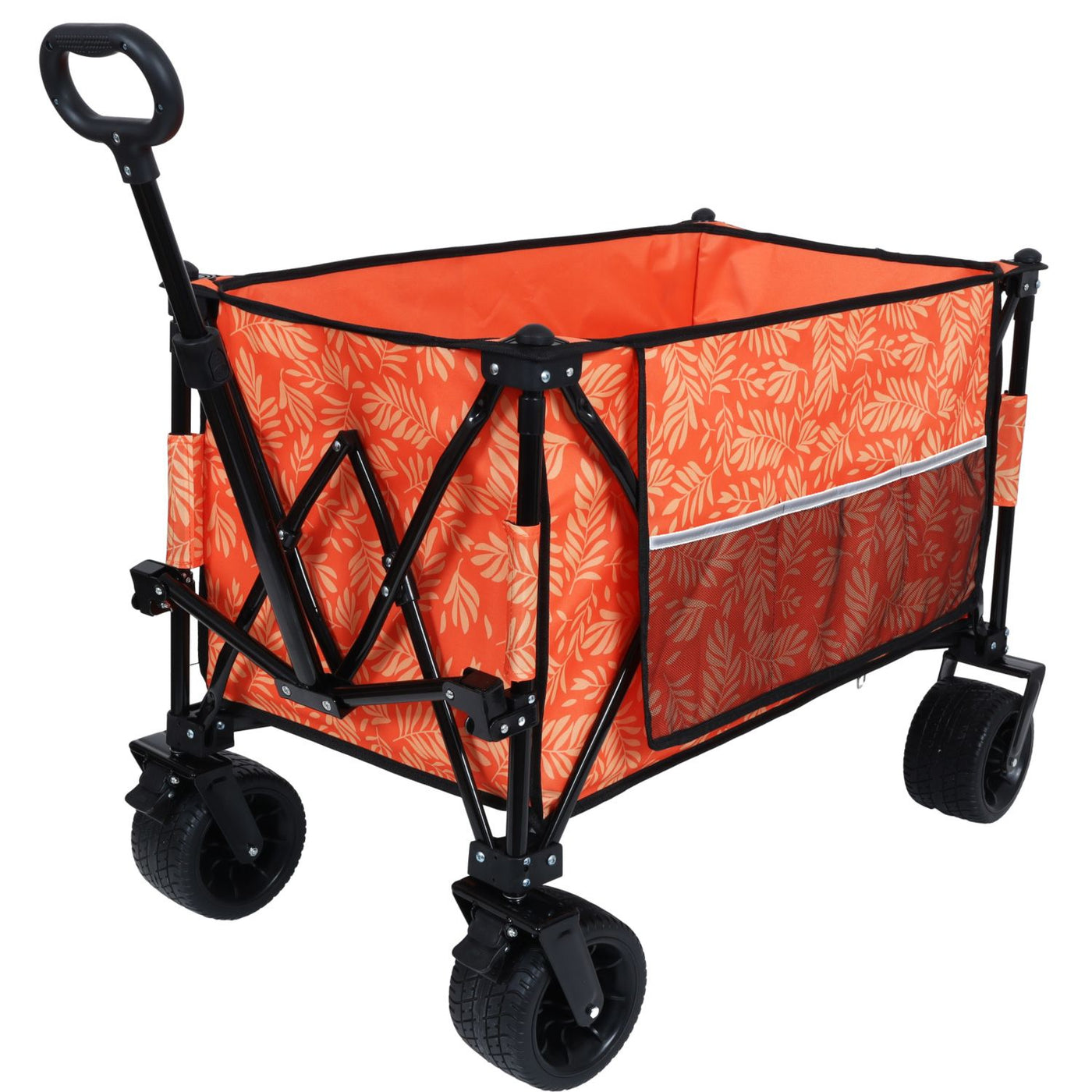 Heavy-Duty 480lbs Folding Wagon Cart with Bonus Picnic Mat - All-Terrain Beach Wheels, Drink Holders, Brakes & Side Pocket for Camping, Garden, Sports, orange print