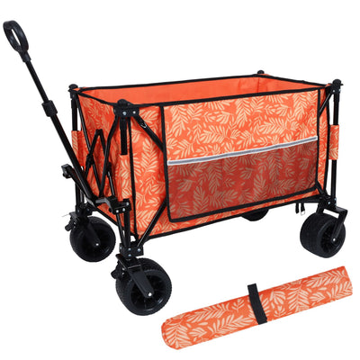 Heavy-Duty 480lbs Folding Wagon Cart with Bonus Picnic Mat - All-Terrain Beach Wheels, Drink Holders, Brakes & Side Pocket for Camping, Garden, Sports, orange print