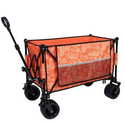 Heavy-Duty 480lbs Folding Wagon Cart with Bonus Picnic Mat - All-Terrain Beach Wheels, Drink Holders, Brakes & Side Pocket for Camping, Garden, Sports, orange print