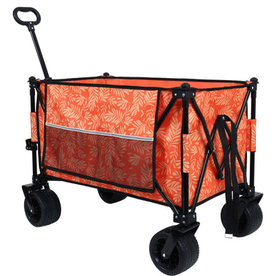 Heavy-Duty 480lbs Folding Wagon Cart with Bonus Picnic Mat - All-Terrain Beach Wheels, Drink Holders, Brakes & Side Pocket for Camping, Garden, Sports, orange print