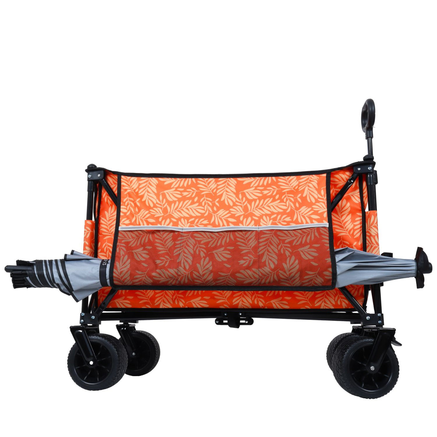 Heavy-Duty 480lbs Folding Wagon Cart with Bonus Picnic Mat - All-Terrain Beach Wheels, Drink Holders, Brakes & Side Pocket for Camping, Garden, Sports, orange print